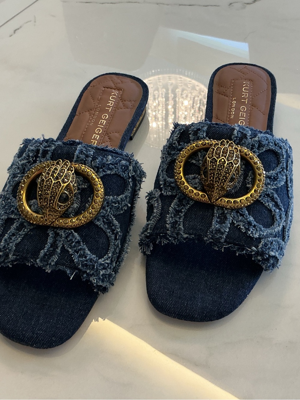 Kurt Geiger Distressed Denim Slide Mules with Gold Emblem - Picture 3 of 6